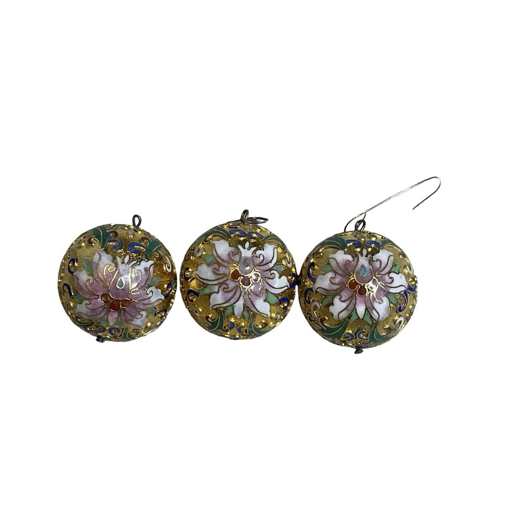 Lillian Vernon Cloisonné Ornaments Set of 3 Ball Gold Enamel Floral Vintage 1.5"